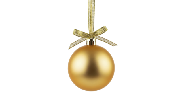 Elegant gold matte Christmas ornament hanging with a festive glitter ribbon bow, isolated on a transparent background PNG image for holiday celebrations.