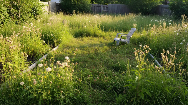 Overgrown garden with weeds and wild plants in summer