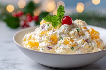Ambrosia salad in a white bowl, artfully styled with mint and cherry, surrounded by festive holiday lights, showcasing a minimalist hero shot of delicious dessert