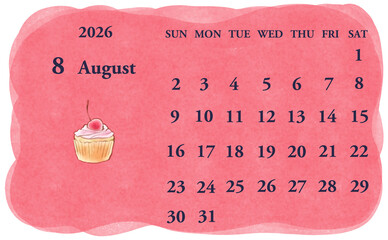 2026年8月のカレンダー　日曜日始まり