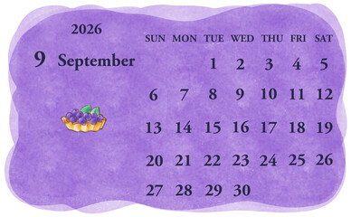 2026年9月のカレンダー　日曜日始まり