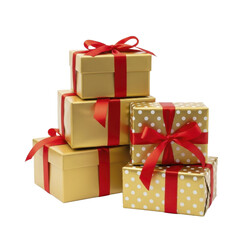Fototapeta premium Red gold gifts stacked, on a transparent background, PNG image, PNG file.