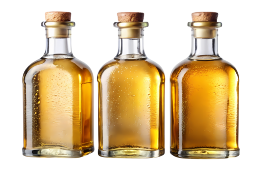 Three clear glass bottles filled with golden liquid and corks on a black background studio shot on transparent background