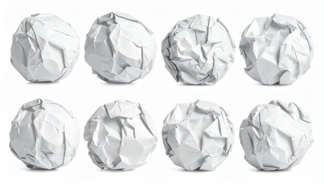 Eight crumpled white paper balls arranged in two rows on a clean surface, showcasing texture and imperfection.