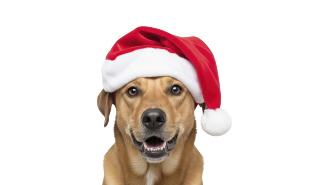 Joyful Brown Dog with Santa Hat Looking at Camera on a Transparent Background PNG Image