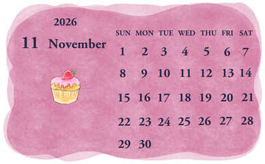 2026年11月のカレンダー　日曜日始まり