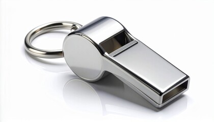 A shiny metallic whistle with a loop, placed on a white surface with dramatic shadows.