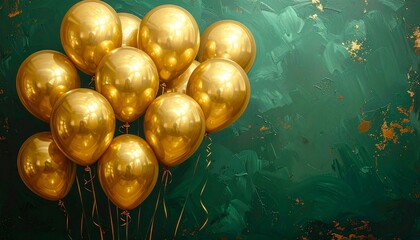 A cluster of shiny golden balloons floating above a green surface with a textured green background.