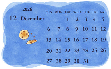 2026年12月のカレンダー　日曜日始まり