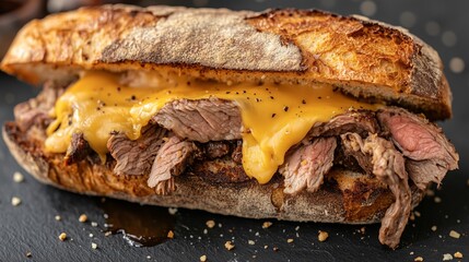 Close up of a delicious roast beef and cheddar sandwich on rustic bread, showcasing juicy meat and melted cheese, perfect for food lovers and culinary enthusiasts