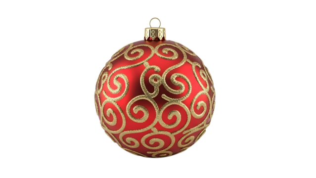 Red christmas ornament with gold swirls isolated on transparent background