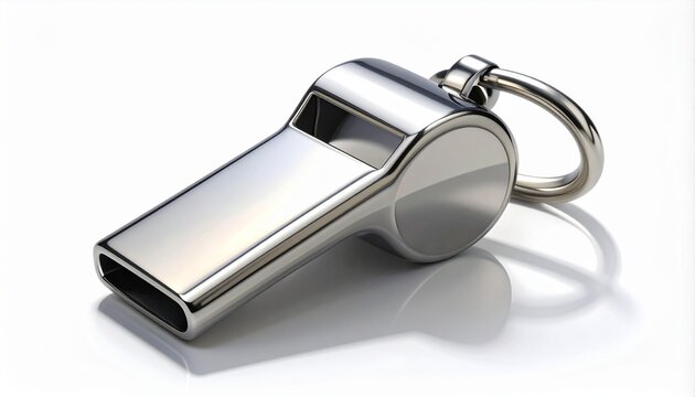 A shiny metallic whistle with a loop, placed on a white surface with dramatic shadows.