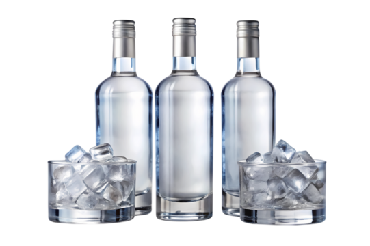 Three clear glass bottles with silver caps and two glasses filled with ice cubes on black background on transparent background