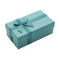 Teal gift box with satin ribbon bow on transparent background PNG image for holiday