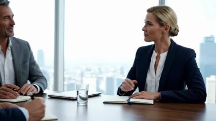 Professionals engaged in discussion at sleek office table. Clear view of city skyline through large windows adds to modern atmosphere. Concept of corporate meetings, teamwork, business strategy
