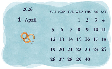 2026年4月のカレンダー　日曜日始まり