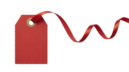 Red gift tag with flowing ribbon on a transparent background PNG image