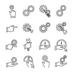 Collection of outline icons representing settings, tools, and interactive gestures.