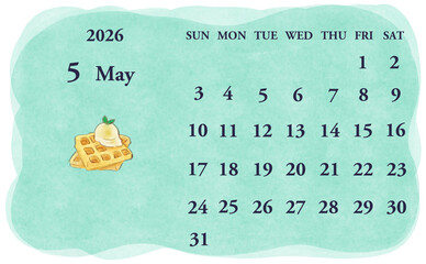 2026年5月のカレンダー　日曜日始まり