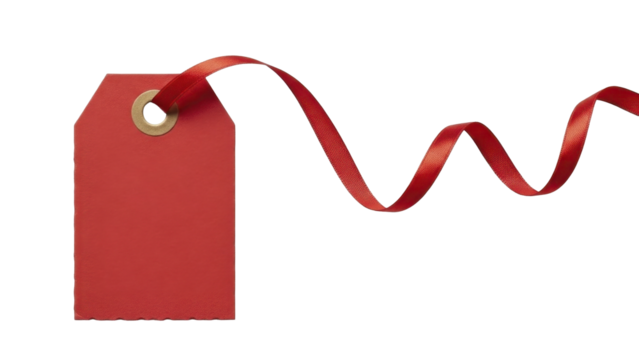 Red gift tag with flowing ribbon on a transparent background PNG image