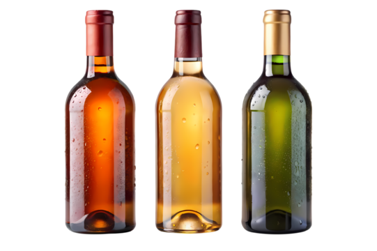 Three wine bottles with different colored liquids and caps standing side by side on a black background on transparent background