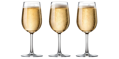 Three champagne flutes filled with sparkling wine on a black background in a studio setting on transparent background