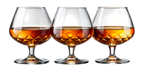 Three crystal glasses filled with amber liquid on a black background creating a sophisticated scene on transparent background