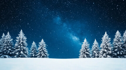 Enchanting deep blue winter night sky with snow-covered trees in tranquil forest landscape