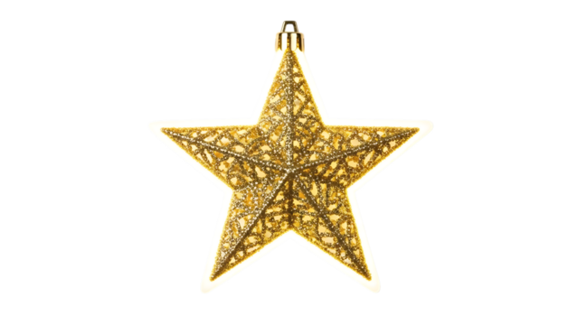 Golden star ornament isolated on transparent background for christmas tree