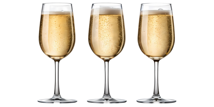 Three champagne flutes filled with sparkling wine on a black background in a studio setting on transparent background