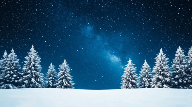 Enchanting deep blue winter night sky with snow-covered trees in tranquil forest landscape