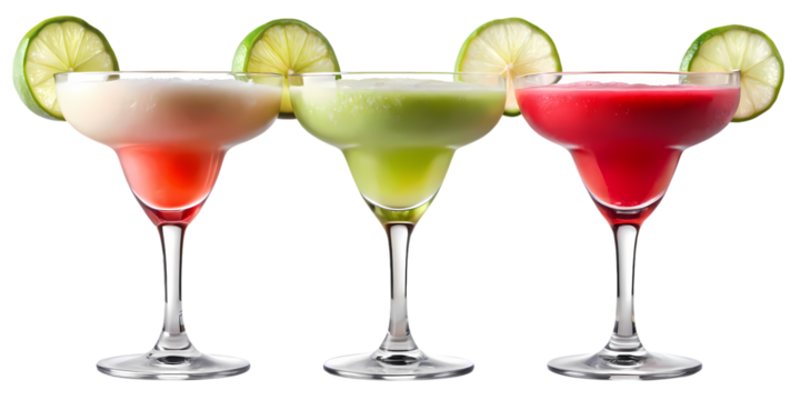 Three colorful margaritas in glasses garnished with lime slices on a black studio background scene on transparent background