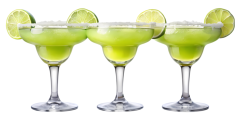 Three margarita cocktails with lime wedges and salted rims lined up on a black background scene drink on transparent background