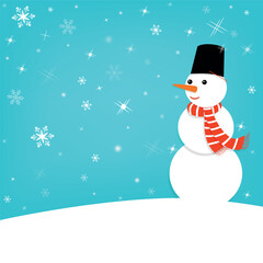 Happy snowman on a winter background, Christmas card. Cute snowman in a hat