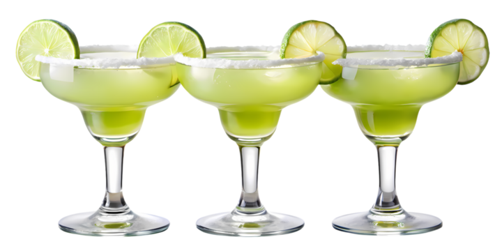 Three margaritas with lime slices and salt rims lined up on a white surface against black background on transparent background