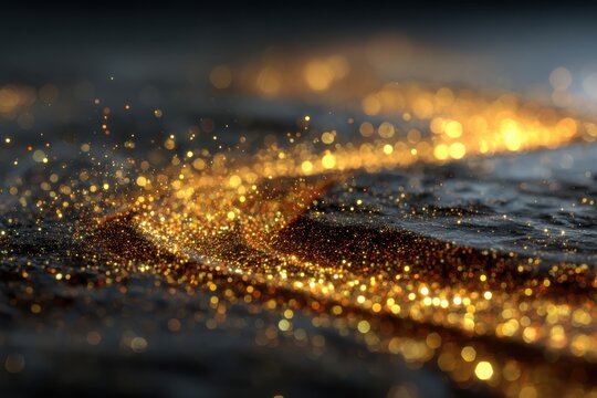 Golden glowing abstract wave with bokeh lights flows gently on a dark background - Powered by Adobe