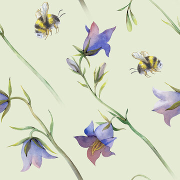 Watercolor seamless pattern with bluebells and flying bumblebees on a light green background. Botanical illustration with wildflowers in natural colors. Realistic ornament for summer themes.