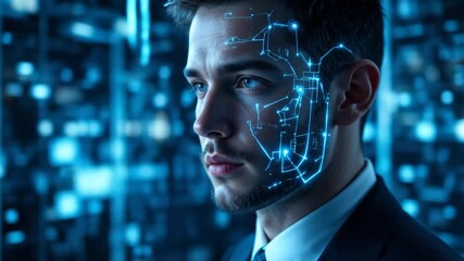 Modern facial recognition technology concept with a man in a suit and a digital interface. 4k video - Powered by Adobe