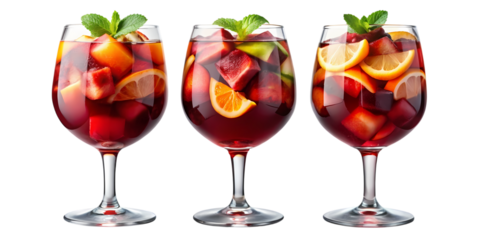 Three glasses of sangria with fruit and mint garnish on a black background studio shot close up view on transparent background