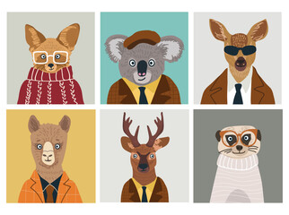 Naklejka premium Animals avatars set, cute portraits, user profiles, hand drawn vector illustration.