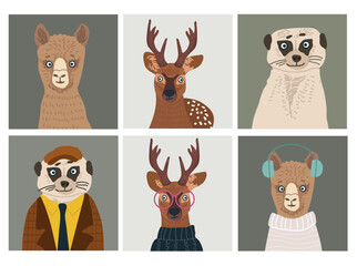 Naklejka premium Animals avatars set, cute portraits, user profiles, hand drawn vector illustration.