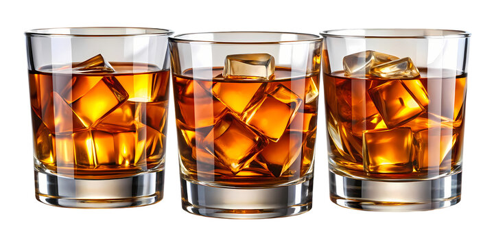 Three glasses of whiskey with ice cubes sit side by side against a black background in a studio shot on transparent background - Powered by Adobe