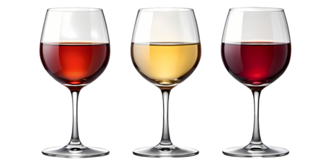 Three wine glasses filled with different types of wine against a dark background studio shot on transparent background