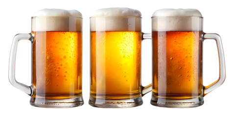 Three beer mugs filled with golden liquid and topped with white foam on a black background shot close up on transparent background