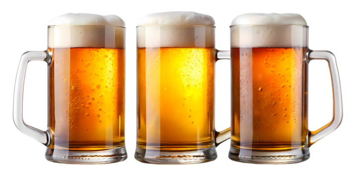Three beer mugs filled with golden liquid and topped with white foam on a black background shot close up on transparent background - Powered by Adobe