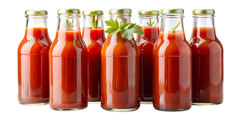 A group of glass bottles filled with red liquid and garnished with green herbs on a black background on transparent background