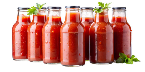 Arrangement of glass bottles filled with tomato sauce and garnished with parsley on a black background on transparent background