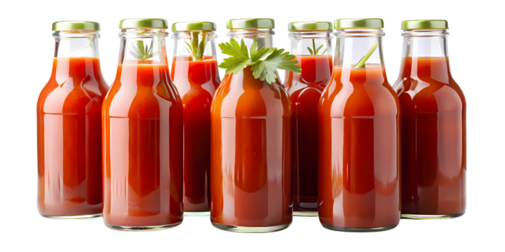 A group of glass bottles filled with red liquid and garnished with green herbs on a black background on transparent background