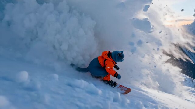 Cat orange snowsuit snowboarding down mountain slope with avalanche sunrise playful carving powder