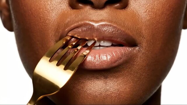 Golden fork close up lip bite glossy close portrait with sensual mood and teeth